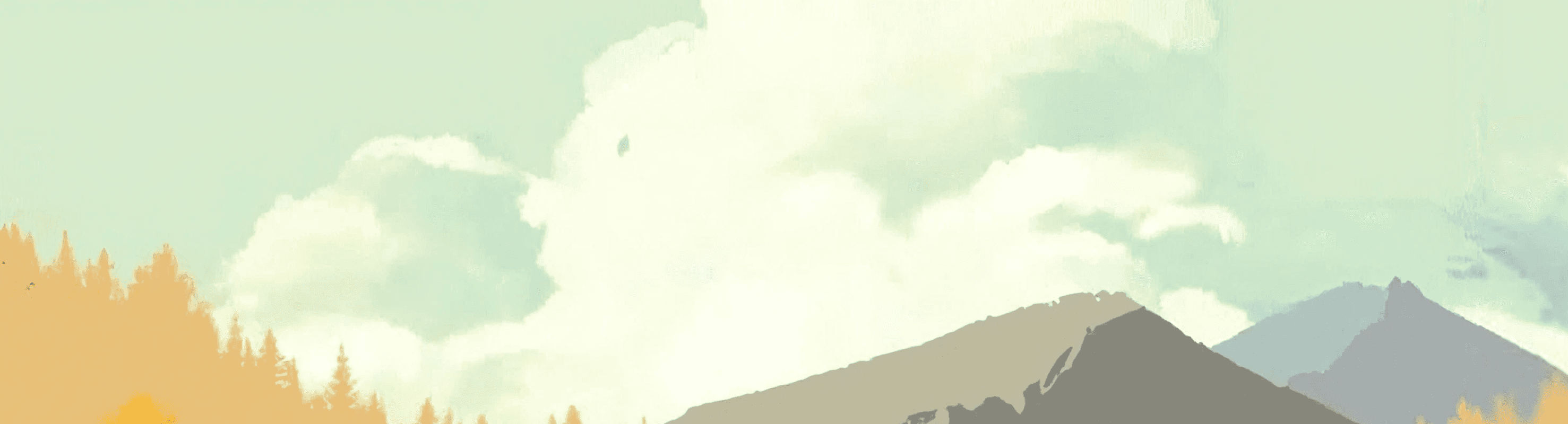 Illustrated mountain range behind a pine forest under a pale green sky