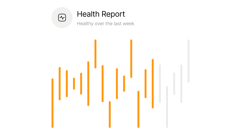 A chart titled Health Report, showing healthy status bars across the last week.