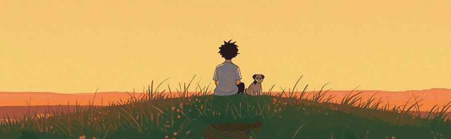 Illustration of a child and a small dog sitting together on a grassy hilltop under a warm sunset sky