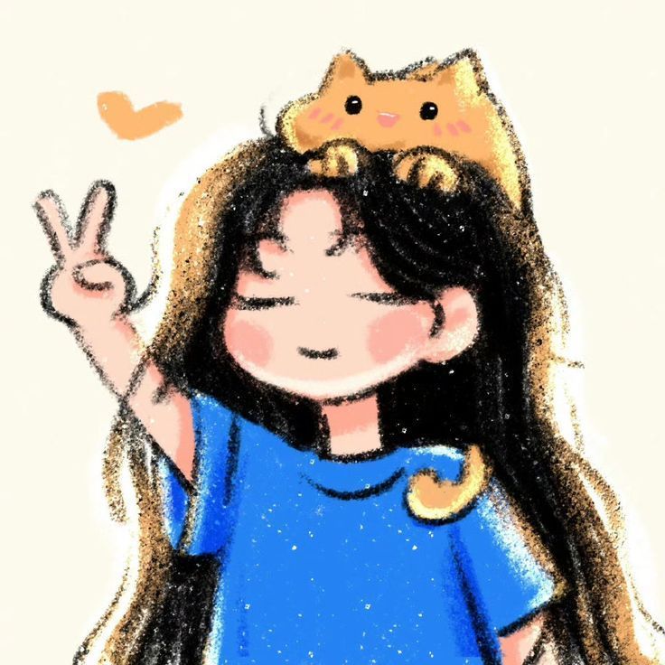 Illustrated portrait of Funk team making a peace sign, with a ginger cat perched on her head.