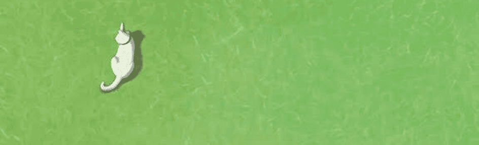 Illustration of a white cat sitting on a field of green grass, seen from above